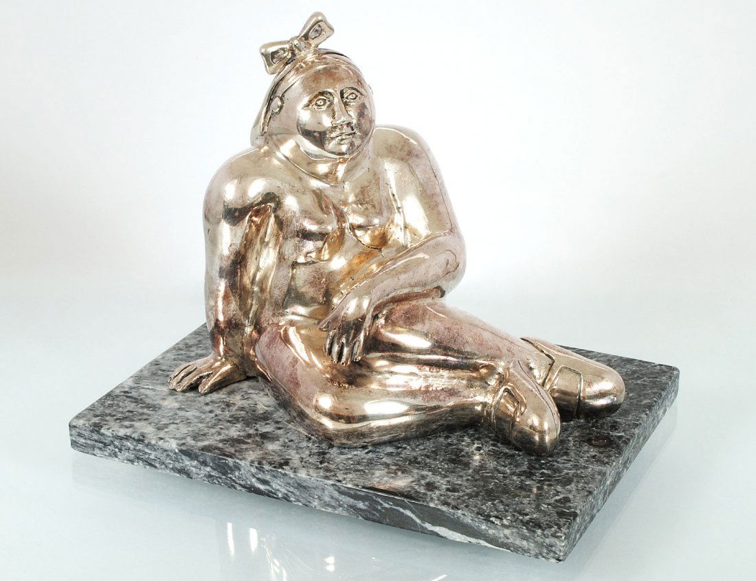 AFTER FERNANDO BOTERO (Colombian. Born 1932): Nude Woman Seated”. Cast signature and numbered 3 of 6. Silvered Bronze. Height 7 ¾”. Mounted on a marble base. (300/400)