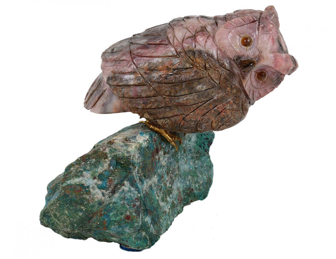 MANFRED WILD (German. Born 1944): "Owl". Unsigned. Carved Crisacola on Stone Base. Height 5 1/8". (200/300)