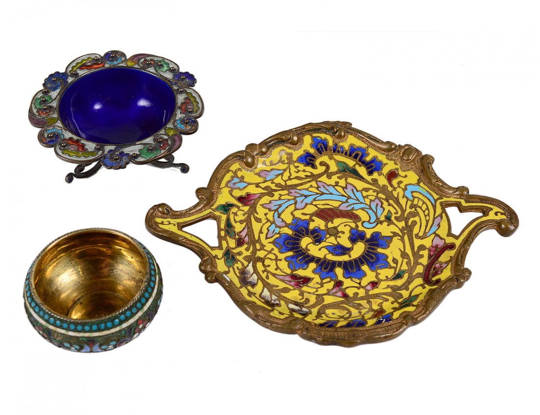 RUSSIAN SILVER GILT AND ENAMEL OPEN SALT: Moscow. 182?. (.84 Standard) Diameter 1 3/4". Together with a sterling silver and plique a jour enamel open salt. Diameter 2 1/2". And a French champleve enamel card tray. Length 5 1/8". (3 pcs) (300/