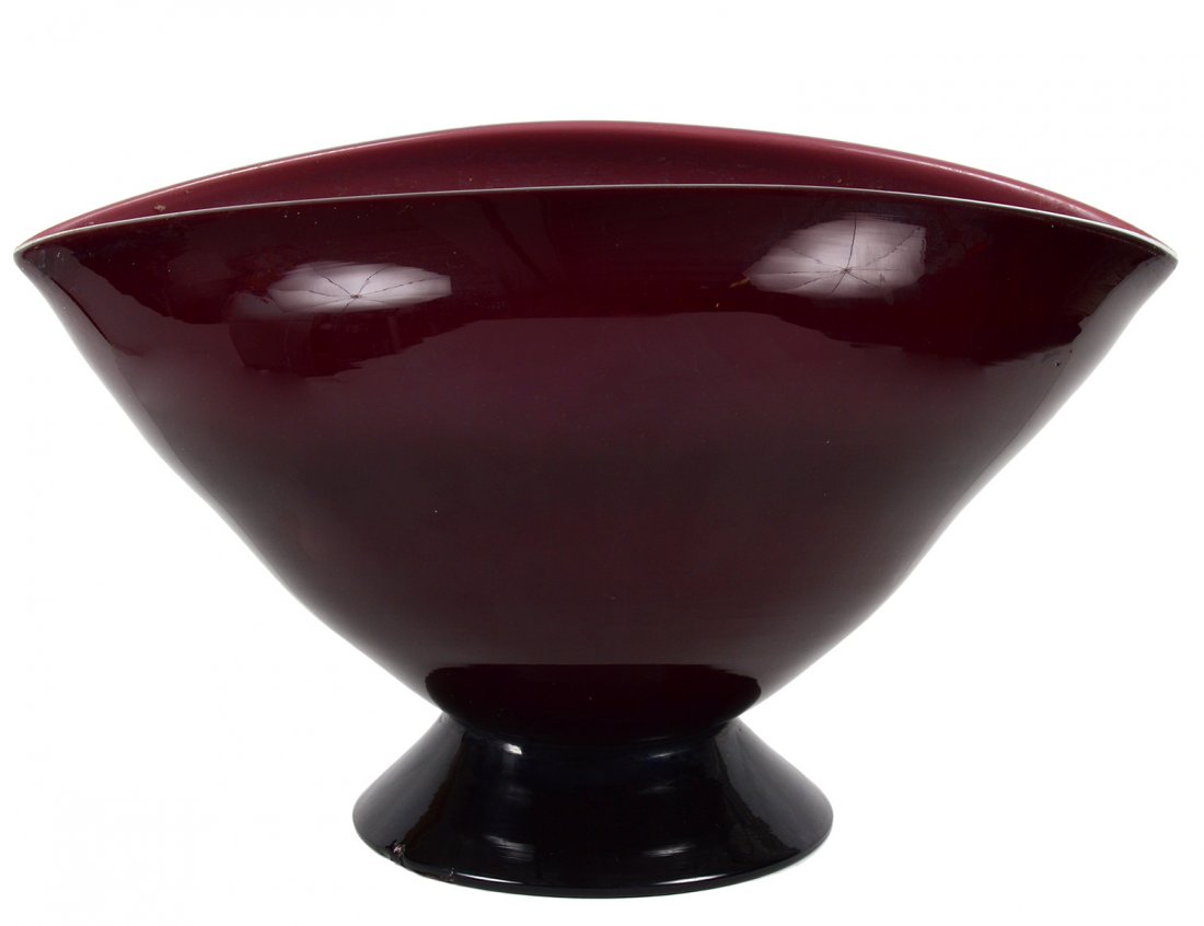 FREDERICK CARDER STEUBEN PLUM-JADE GLASS BOWL: American. Circa 1925. Unsigned. Of boat shape on a pedestal base. Height 8". Length 13 5/8". (700/900)