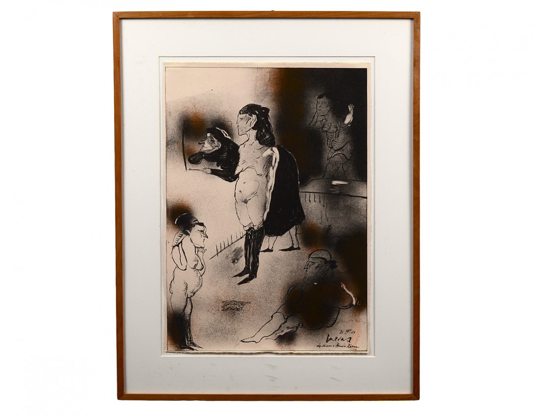 JOSE LUIS CUEVAS (Mexican. Born 1934): "Untitled". Signed "Cuevas" in pencil l/r. Inscribed "Dedicado a Ramon Xiran", Circa 1969, numbered 50/100. Lithograph on Arches. Image measuring 21 3/4" by 15". Framed behind glass. (Cond: good, marg