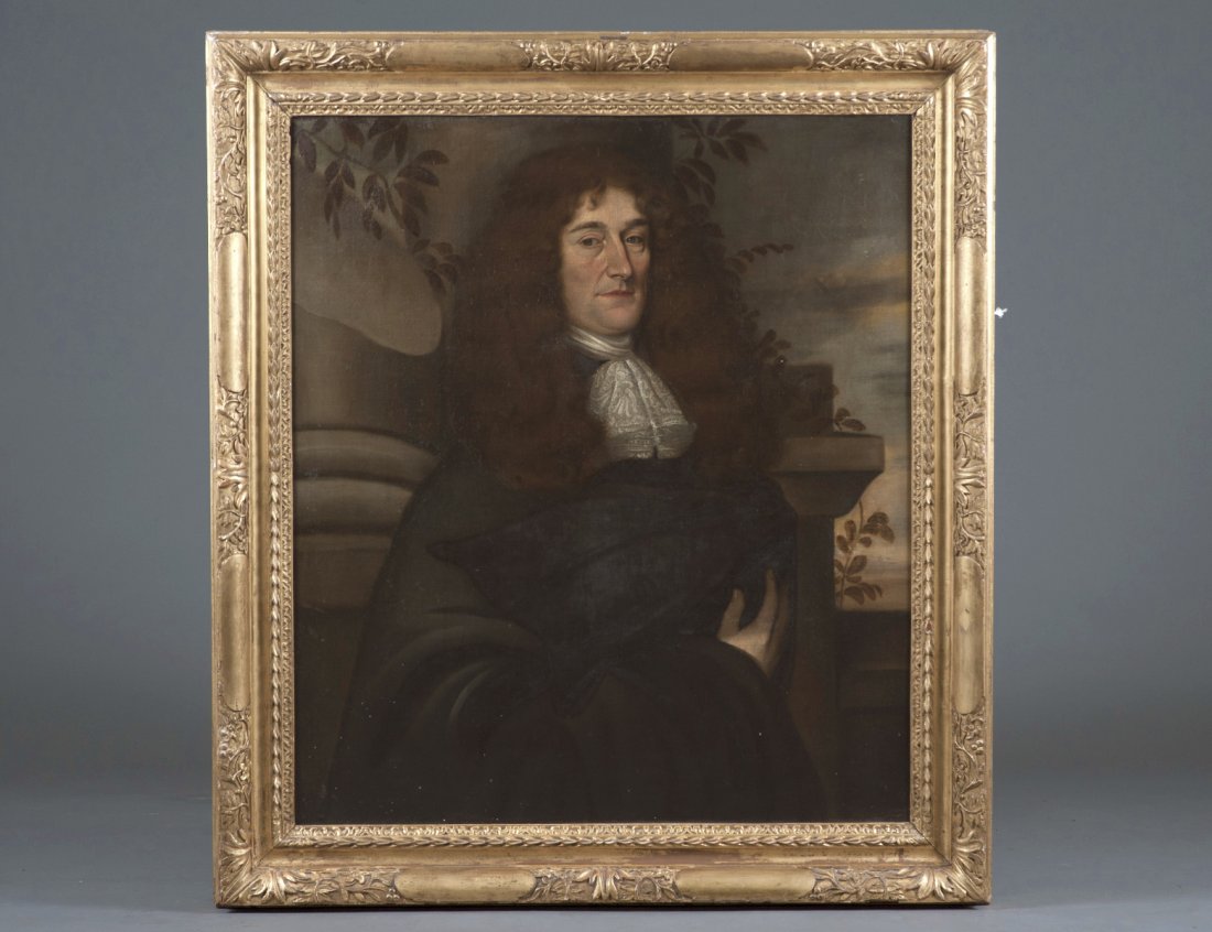 ENGLISH SCHOOL (18th Century): "An English Duke". Unsigned. Verso bears label to frame partially legible, identifying the sitter. Oil on Canvas. Measuring 36" by 32". Antique gesso cast and carved gilded frame. (Cond: overall crazi
