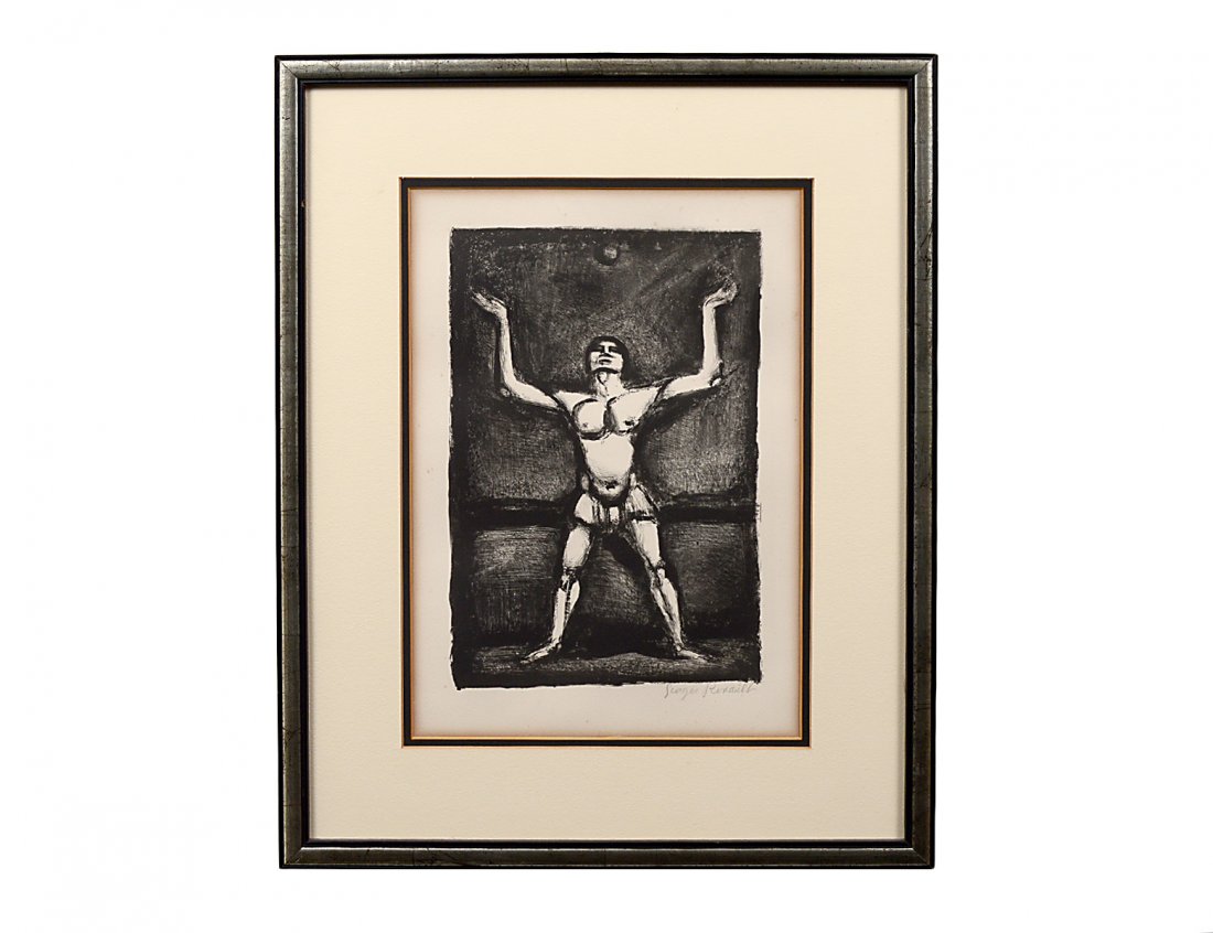 GEORGES ROUAULT (French. 1871-1958): "Jongleur". Circa 1926. Signed in pencil l/r. From Saltimbanques Series, edition unknown. Lithograph. Image measuring 13 1/4" by 8 1/4". Sight measuring 15" by 10 1/2". Framed behind glass. (Cond: min