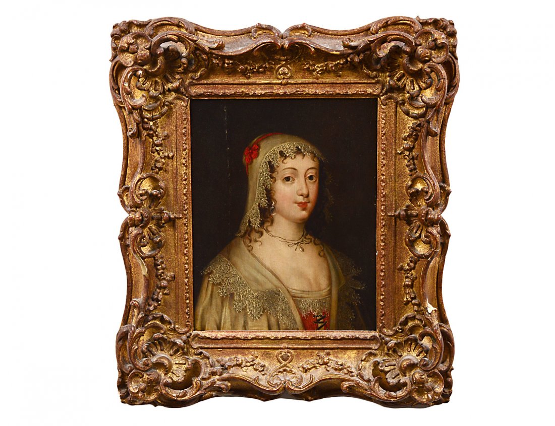 CONTINENTAL SCHOOL (18th Century): "Portrait of a Lady". No visible signature. Oil on Cradled Panel. Measuring 11 1/2" by 9". Period gesso cast and carved rococo style frame. (Cond: minor inpainting, vertical split visible on panel) (5