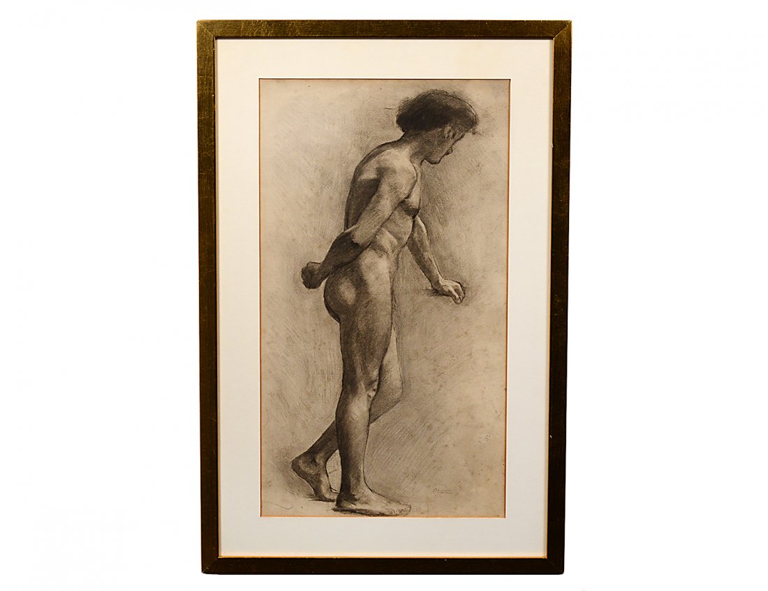 ROGER DE LA FRESNAYE (French. 1885-1925): "Standing Male Nude". Signed l/r. Charcoal and Pencil on Paper. Sight measuring 24 1/2" by 13 3/4". Gilded frame behind glass. (Cond: some staining and soiling) (500/700)