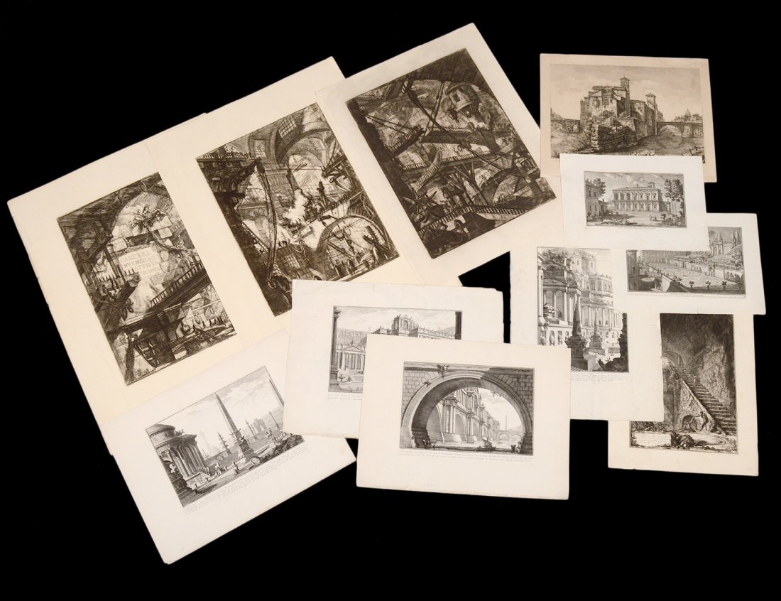FRANCESCO PIRANESI (1758-1810) AND G.B. PIRANESI: Group of eight engravings of views of antiquated ruins and building. Varying sizes. Most signed in the plate. Together with three additional Italian engravings. All loose and unframed. (Cond: all have