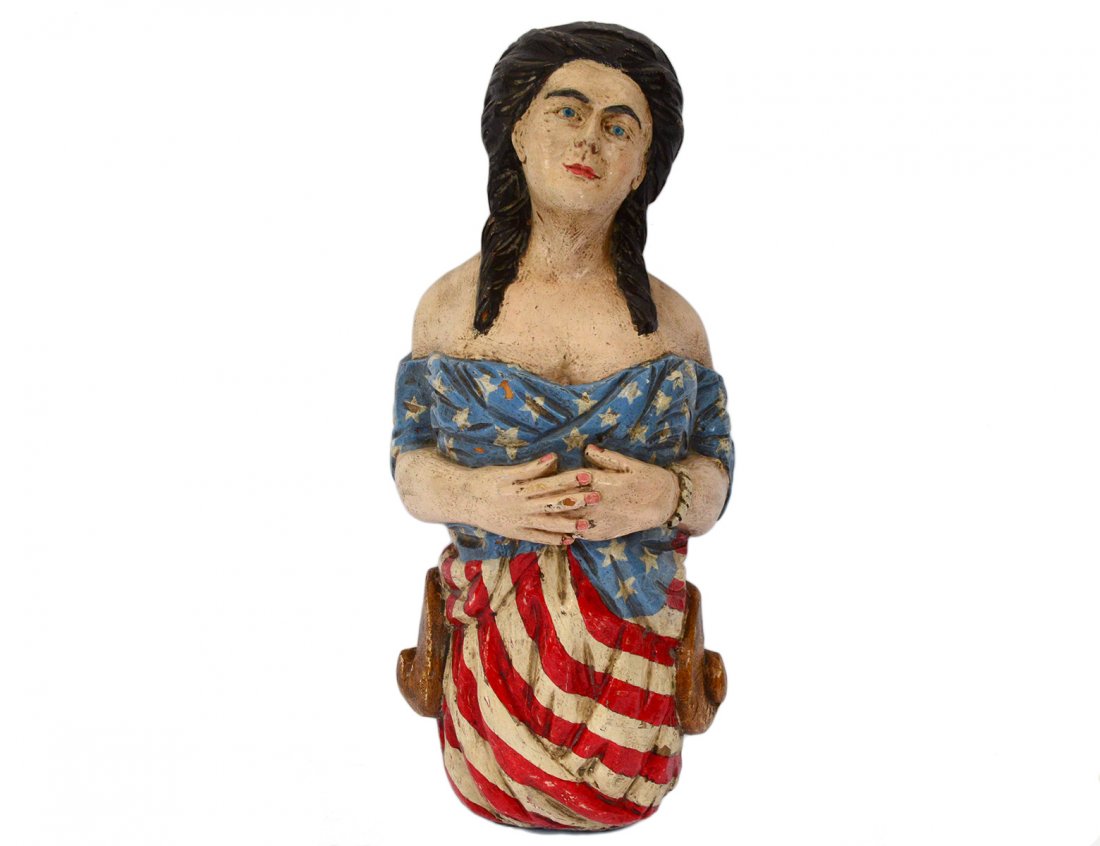 FINE AND UNIQUE CARVED AND PAINTED SHIP'S FIGUREHEAD: American. Circa 1900. Probably made for a yacht or pilot ship. Height 21". (Cond: repainted) (1000/1500) Provenance: The Ship Model Gallery, Maui, HI, July 5, 1991