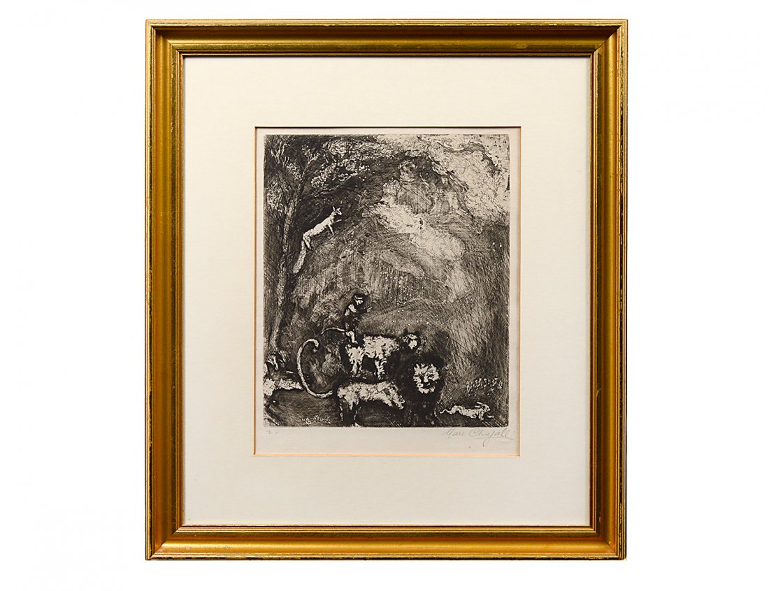 MARC CHAGALL (Russian/French. 1887-1985): "Lions and Trees, The Fable Series II". Signed l/r in pencil and signed in the plate u/r. Dated 1952. Etching. Image measuring 11 3/4" by 9 5/8". (2000/2500)
