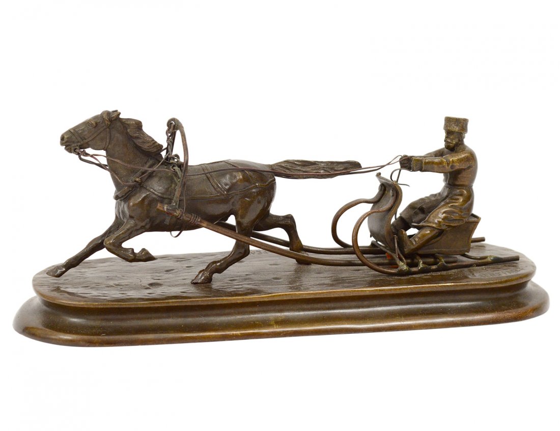 ALEXEI PETROVICH GRACHEV (Russian. 1780-1850): "Horse Pulling Sled with Driver". Signed and with Woerffel Foundry mark. Bronze with Brown Patina. Length 9 3/8". (1000/1500)