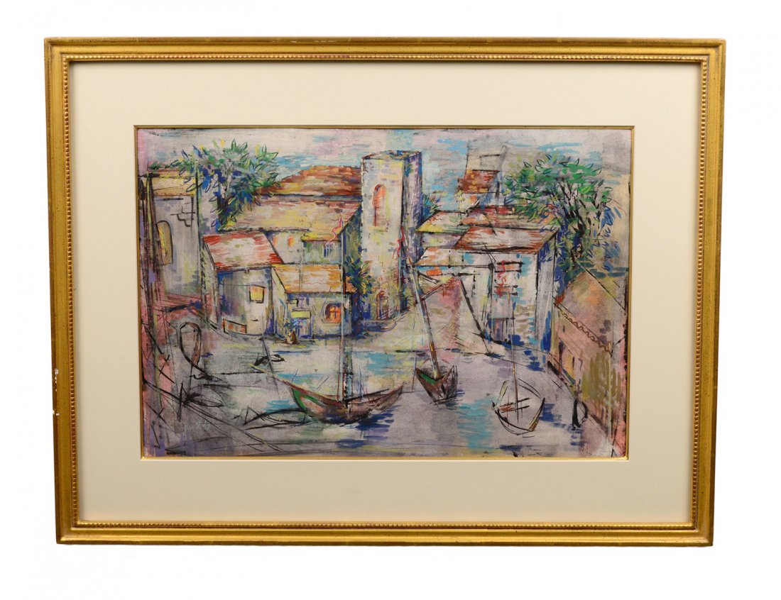 JEAN DUFY (French. 1888-1964): "Harbor Scene". Signed l/l. Gouache and Watercolor on Paper. Measuring 15 1/2" by 22". Gilded frame behind glass. (Cond: good) (3000/5000) Note: Has not been presented to Messr. Jacque Bailly for cert