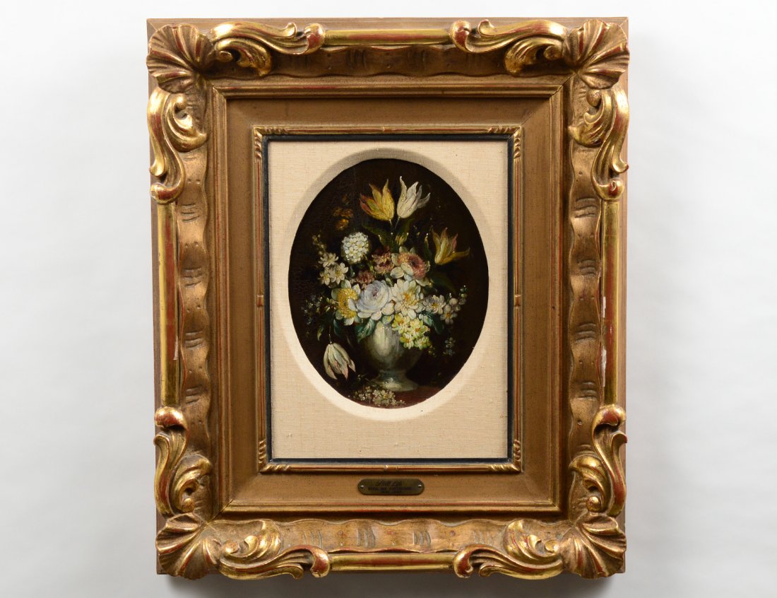 MARIA VAN OOSTERWYCK (Dutch. 1630-1693): "Flowers in a Vase". Unsigned. Bears plaque. Oil on Board. Measuring 9 3/4" by 7 3/4" oval. Framed. (Cond: board cracked, varnish fried) (1000/1500) Provenance: Garfield Galleries, Toronto