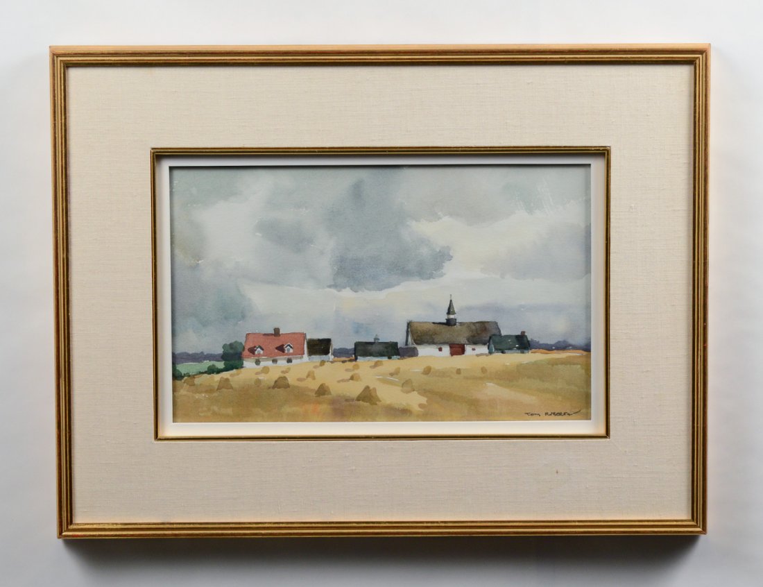 TOM KEITH ROBERTS (Canadian. 1909-1998): "Farm at St. Pascal". Signed Tom Roberts l/r. Watercolor. Measuring 10" by 16". Framed. (Cond: good) (1000/1500) Provenance: Roberts Gallery, Toronto