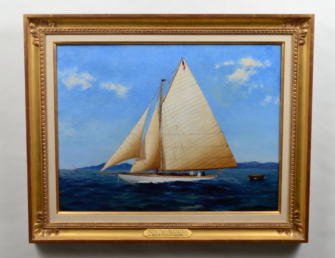 ANTON OTTO FISCHER (American. 1882-1962): "Gaff Rigged Sailboat in Buzzard's Bay on Long Island Shore". Signed and dated '01 l/r. Oil on Canvas. Measuring 18 1/4" by 24". Gilded frame with nameplate. (Cond: original canvas, no inpainting, goo