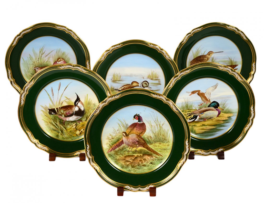 SET OF SIX SPODE PORCELAIN BIRD PLATES: English. 20th Century. By Spode. Printed by E. Ellis. Signed. Gilt identification on reverse. Diameter 9 1/4". (300/400)