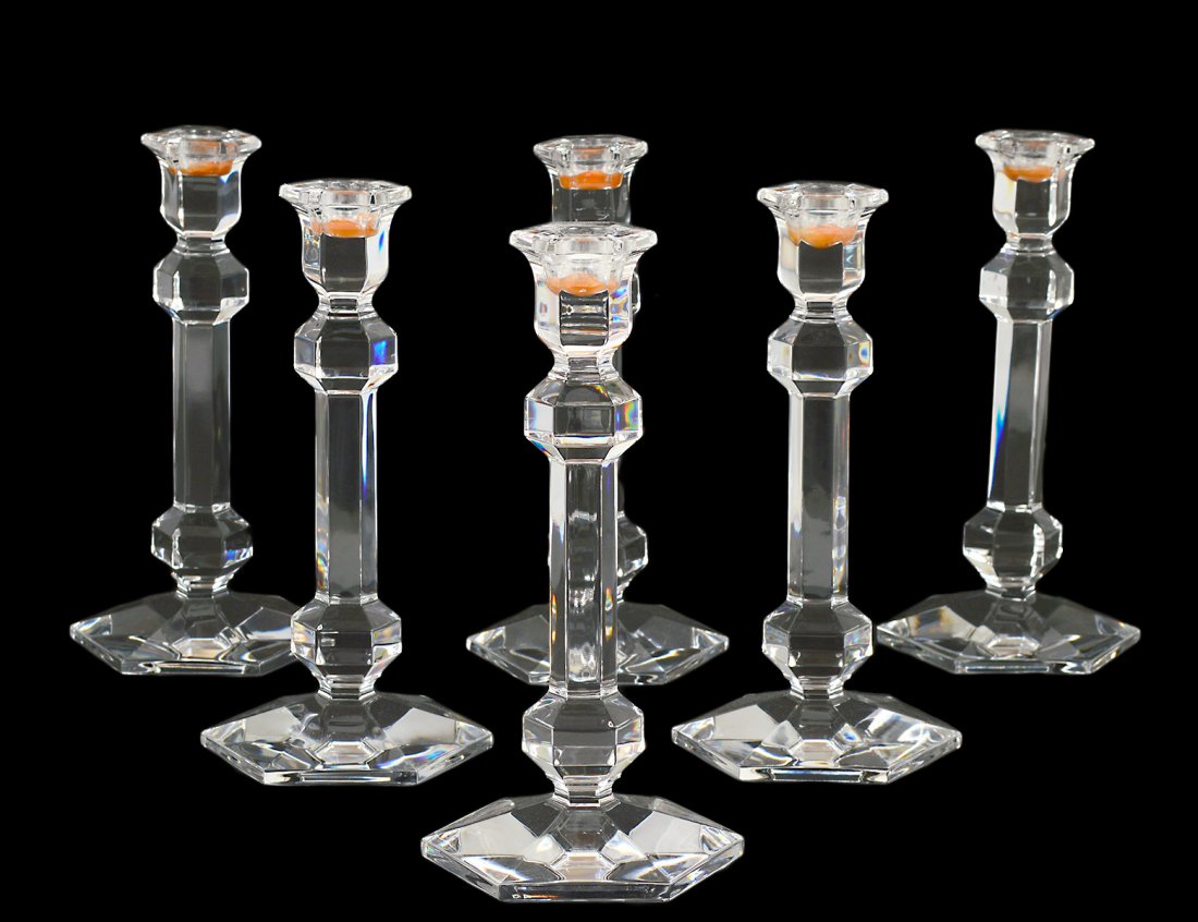 SET OF SIX VAL ST. LAMBERT CRYSTAL TAPER STICKS: Belgian. Acid stamped. Height 9 1/4". (150/250)