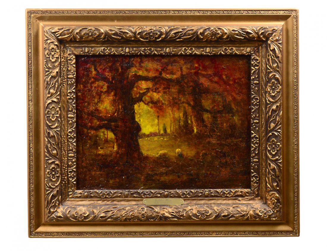HENRY HAMMOND AHL (American. 1869-1953): "The Golden Hour". Signed "Ahl" l/r. Oil on Canvas. Measuring 16" by 20". Framed with nameplate. (Cond: heavy crazing and some cracks, old heavy varnish on surface, will need conservation) (1000/1500)