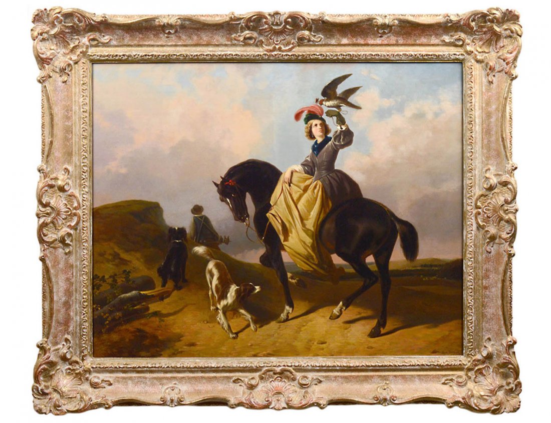 ROSA MARIE BONHEUR (French. 1822-1899): "The Falconeer". Signed Rosa Bonheur l/r. Oil on Canvas. Measuring 24 1/2" by 30 3/4". Framed. (Cond: relined in 1952, minor inpainting in sky and under left eye of lady) (7000/10000)