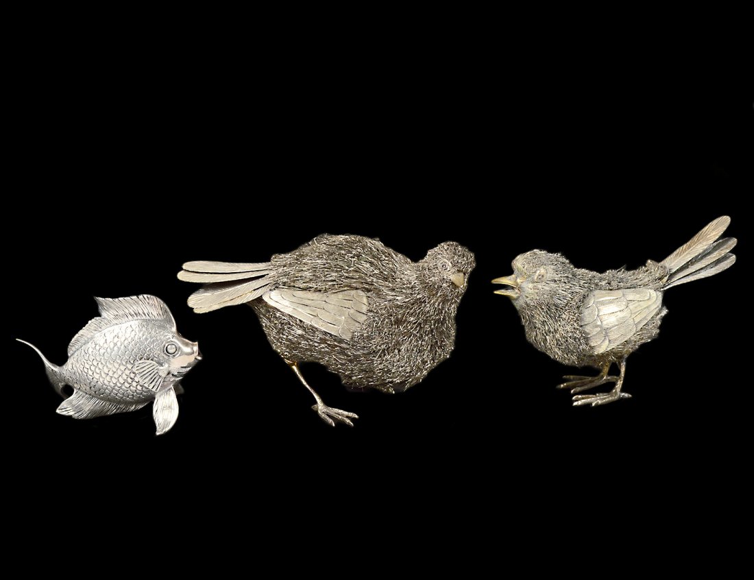 GROUP OF THREE BUCCELLATI STERLING SILVER CABINET: Italian. Comprising: two birds and a fish. (7 oz) (300/400)