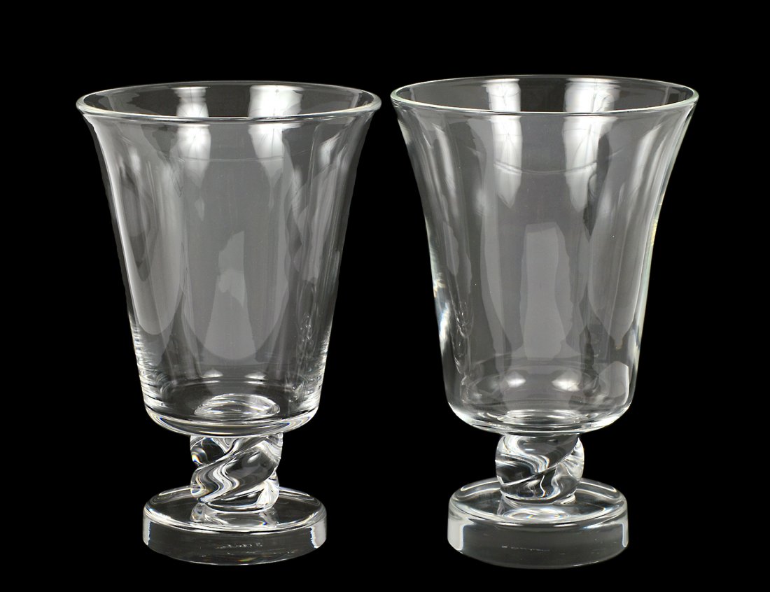 PAIR OF STEUBEN CRYSTAL ROPE-TWIST VASES: American. Signed. Designed by George Thompson in 1939. Height 10 5/8”. (400/500)