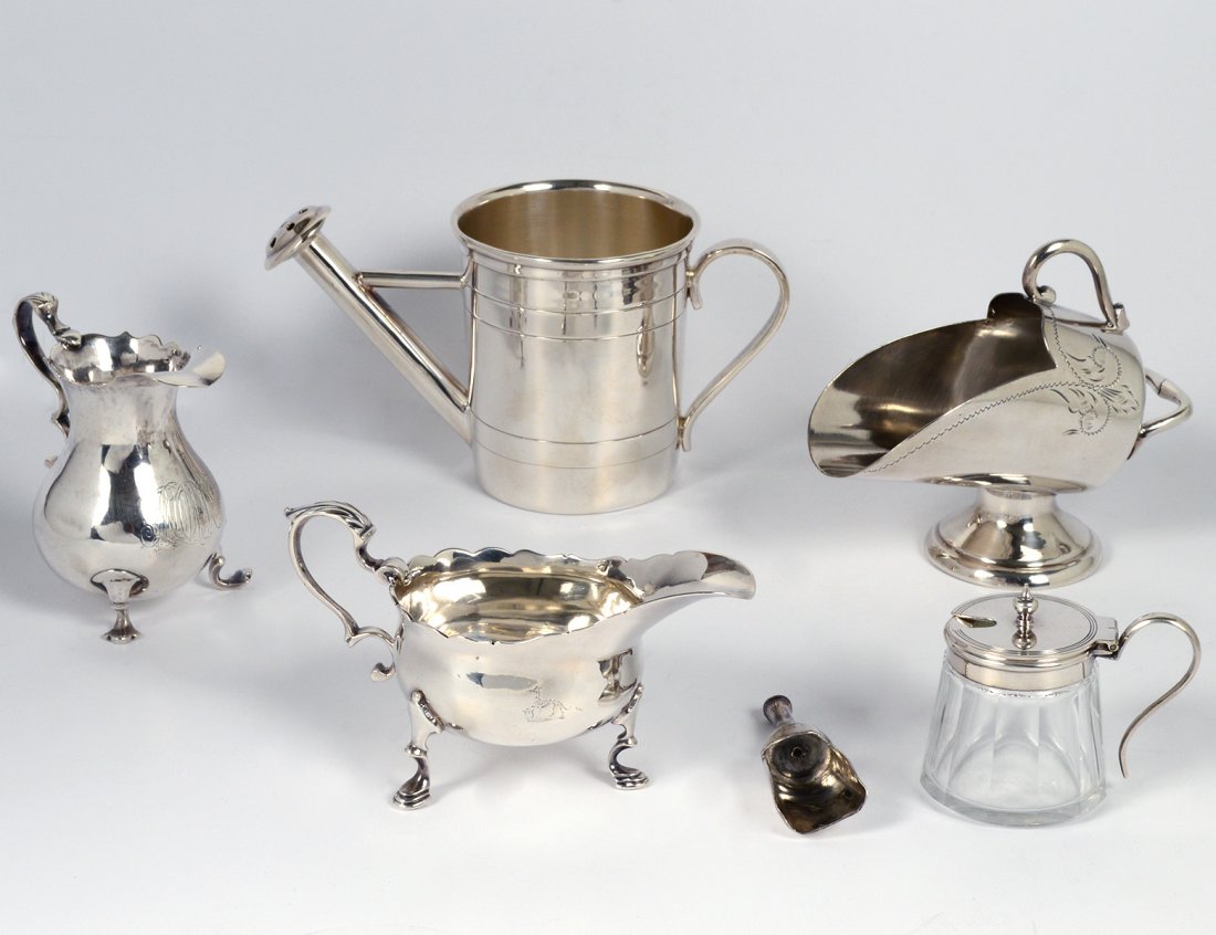STERLING SILVER CREAMER AND SMALL SAUCE BOAT: Canadian. By Birks. Together with a sterling silver can, sugar bowl, spoon and mustard jar. (5 pcs) (100/150)