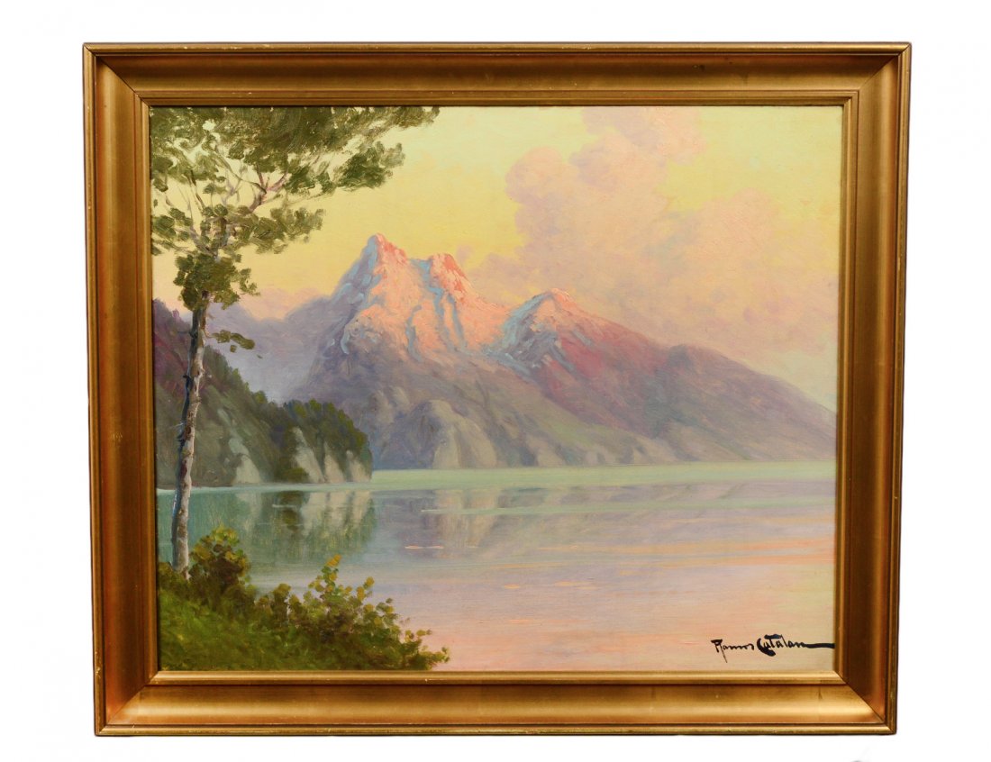 RAMOS CATALAN (Chilean. 20th Century): "Mountains". Signed Ramos Catalan l/r. Oil on Canvas. Measuring 19 1/2" by 23 1/2". Framed. (Cond: good, no inpainting apparent under u.v. light) (400/500)