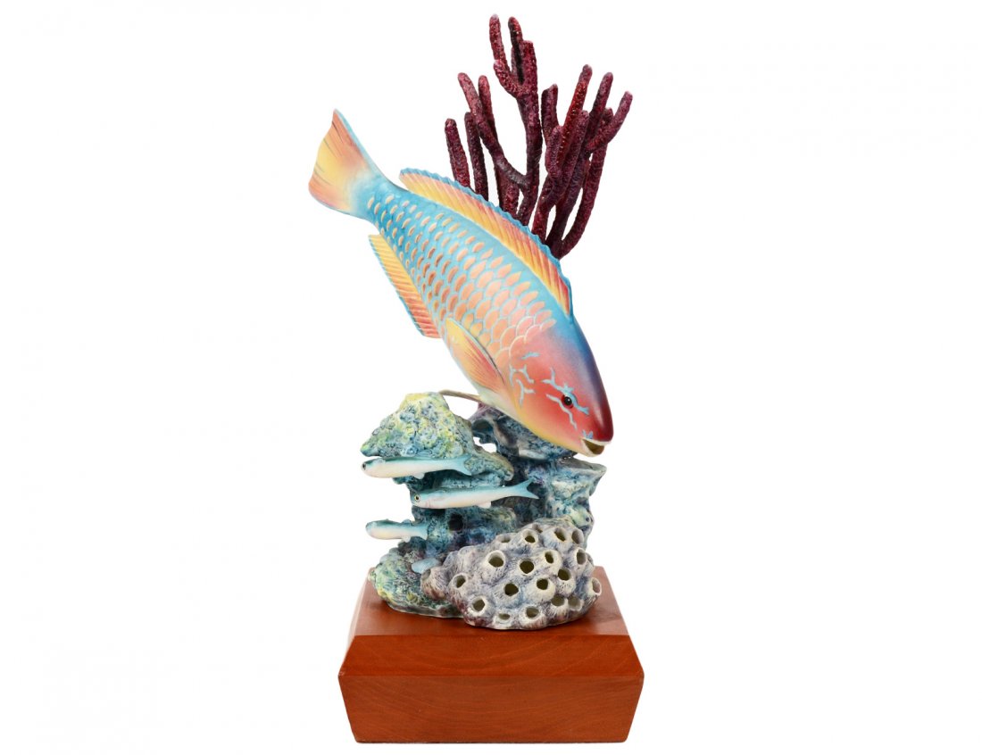 ROYAL WORCESTER PORCELAIN RAINBOW PARROTFISH: English. 1967. Modeled by Ronald Ruyckevelt. No. 4. Height 11". With wood stand. (200/300)