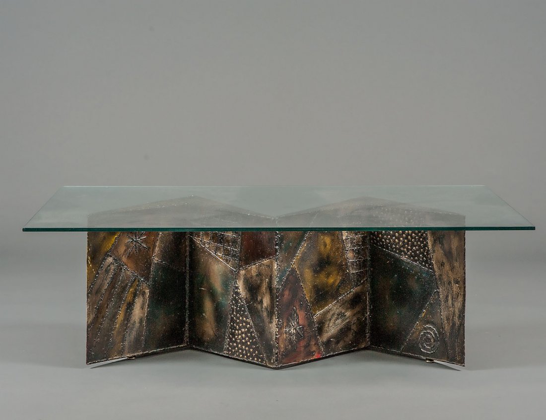 PAUL EVANS DIRECTIONAL LOW TABLE: American. Metal and glass. Height 16 3/8". Width 48". Depth 30". (1500/2000)