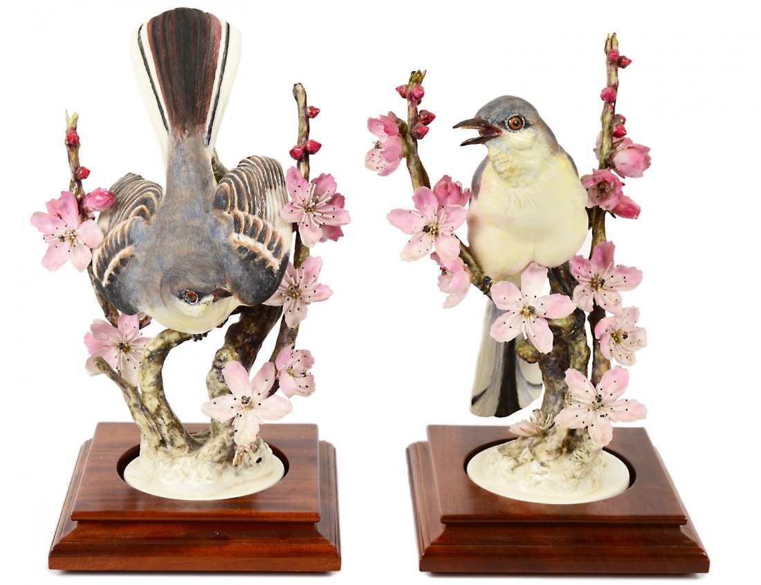 PAIR OF DOROTHY DOUGHTY PORCELAIN MOCKING BIRDS: English. Dated 1942. By Royal Worcester. Height 10 1/2". With wood stands. (No boxes) (600/800)