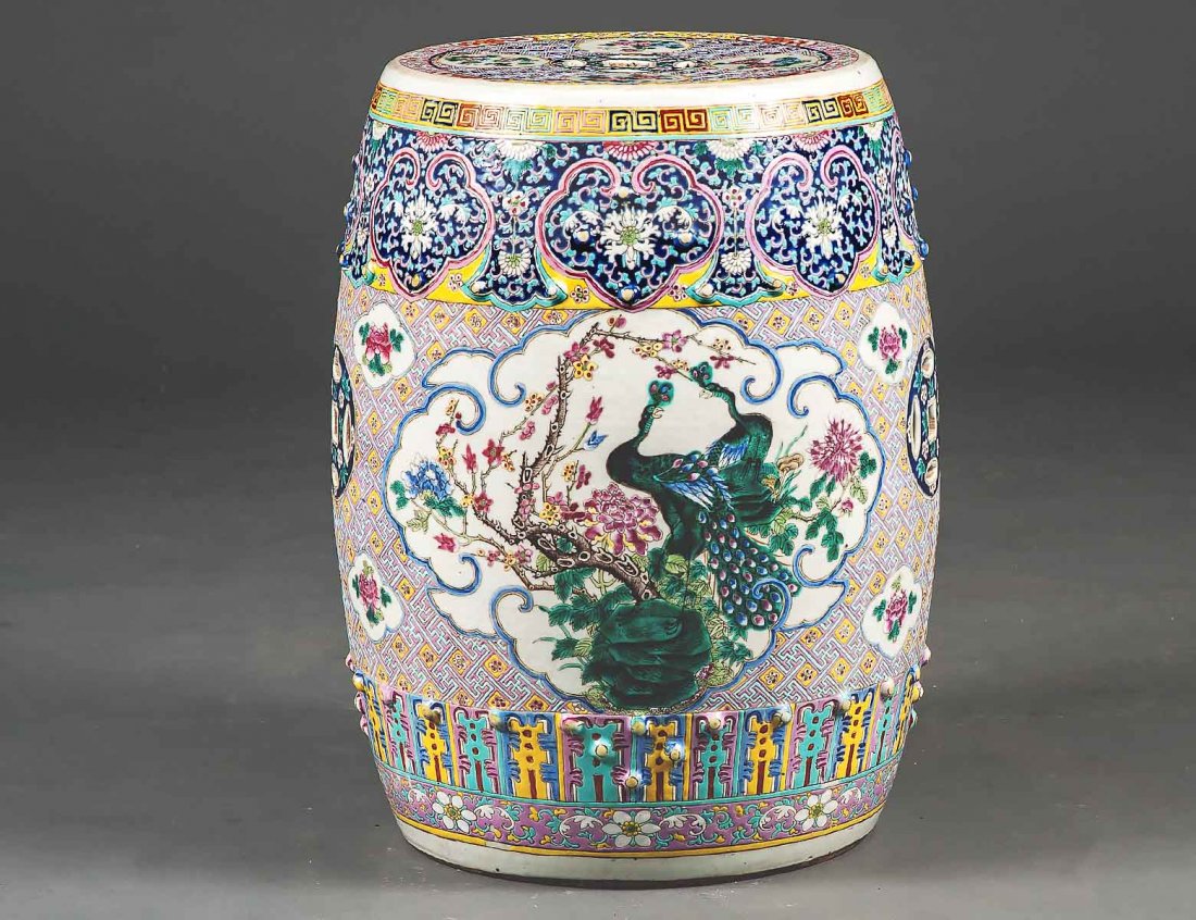 FAMILLE ROSE PORCELAIN GARDEN SEAT: Chinese. 19thCentury. Of barrel form with pierced top. Height 18 1/4". (1000/1500)