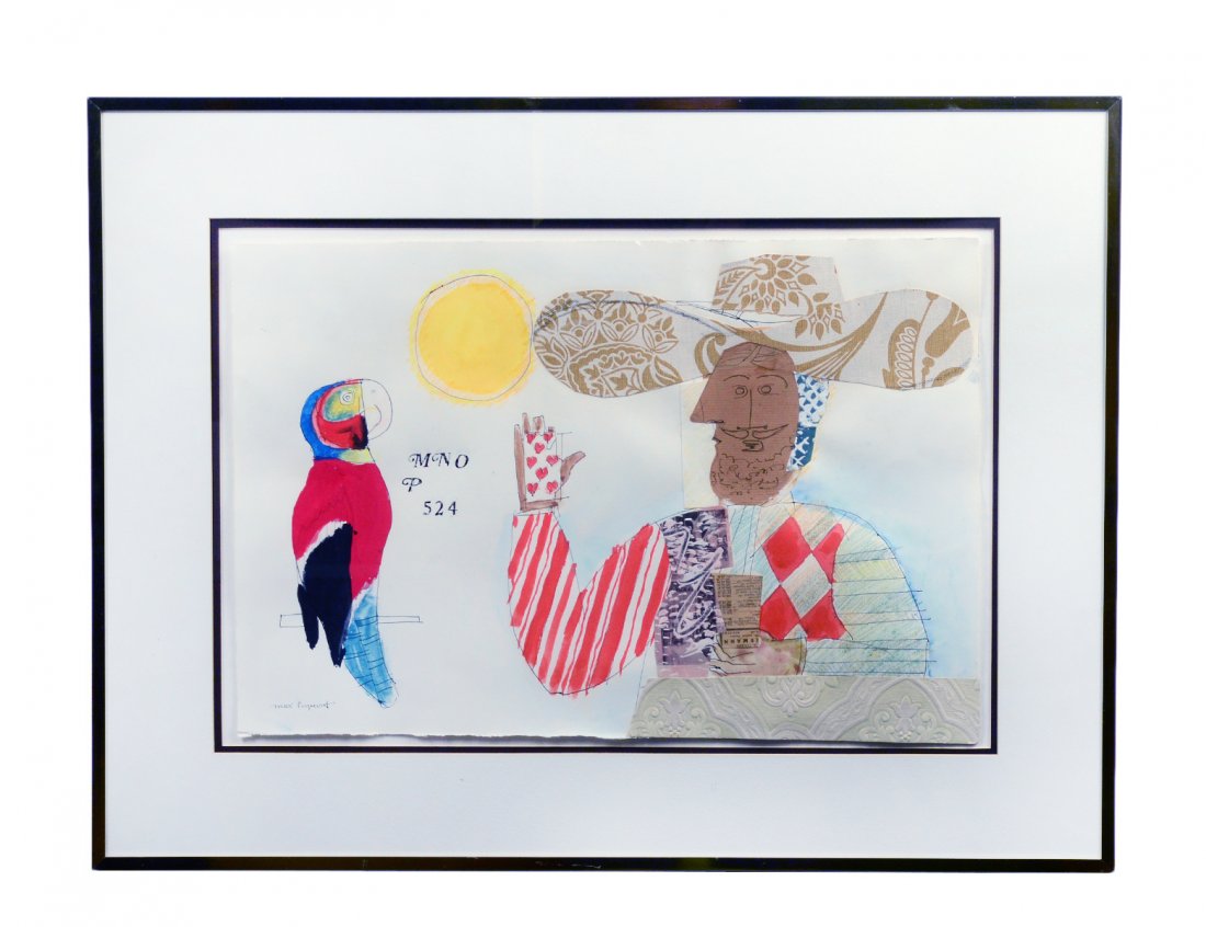 MAX PAPART (French. 1911-1994): "Red Parrot". Signed l/c. Circa 1980. Mixed Media Collage. Measuring 15" by 22 1/4". Framed behind glass. (Cond: good) (2000/3000) Provenance: Marion Scott Ltd. Gallery of the Arts, Vancouver, B.C.
