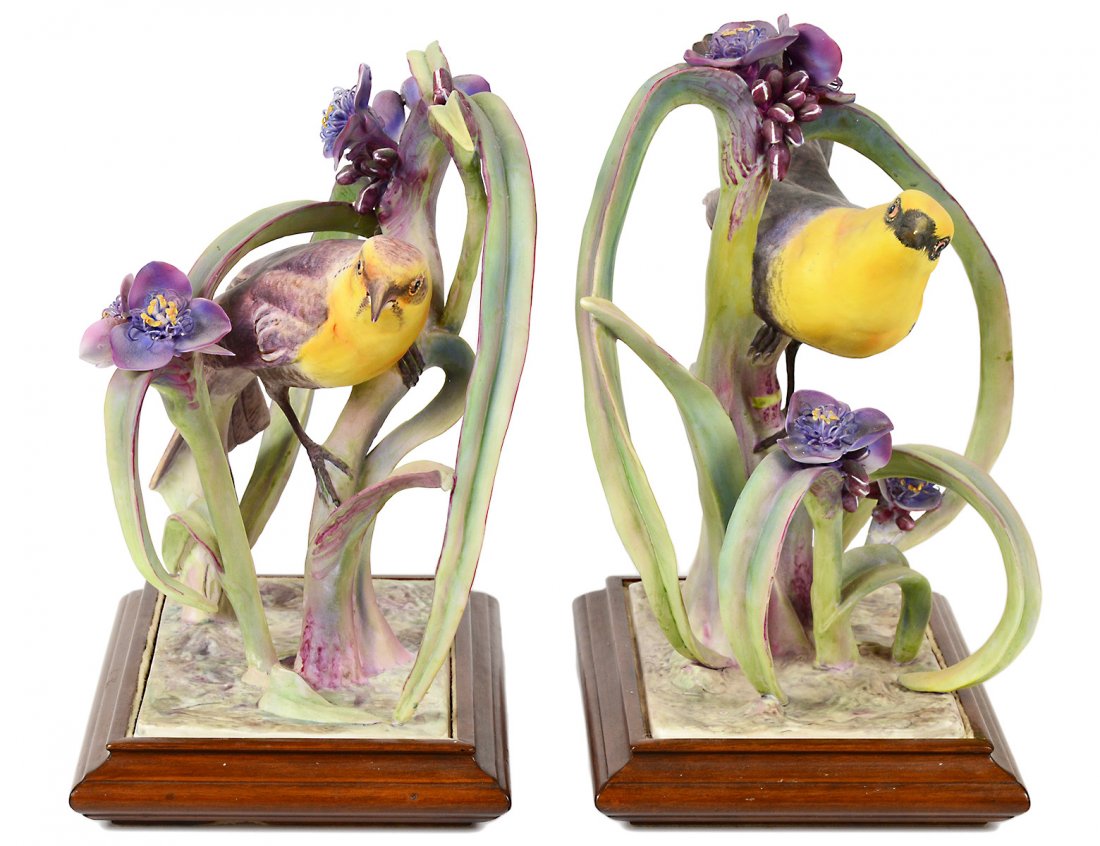 PAIR OF DOROTHY DOUGHTY PORCELAIN YELLOW HEADED: English. Dated 1951. By Royal Worcester. Heights 11" and 10 1/2". With wood stands. (No boxes) (700/900)