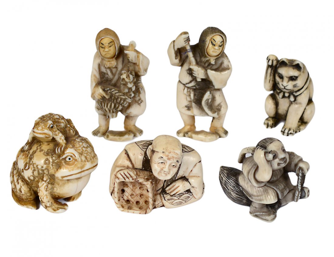GROUP OF SIX CARVED IVORY NETSUKES: Signed. Comprising: four figures and two animals. (150/200)Domestic and International shipping is not available for this item. This item can only be picked up from AGOPB by the buyer and/or the buyer�