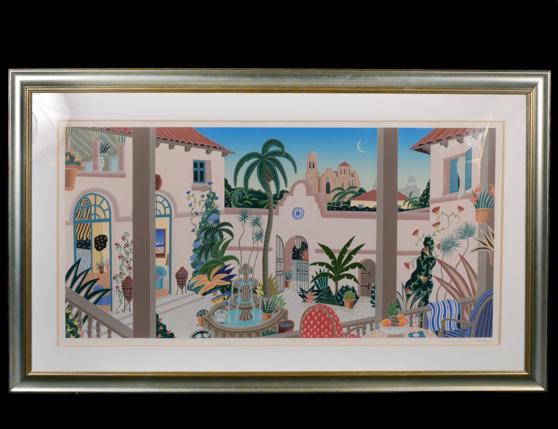 THOMAS F. McKNIGHT (American. Born 1941): "Bienestar Courtyard". Signed and numbered 126/200 in pencil in the lower margin. Image measuring 30" by 60". Full margins. Framed behind Plexiglas. (Cond: good) (300/500)
