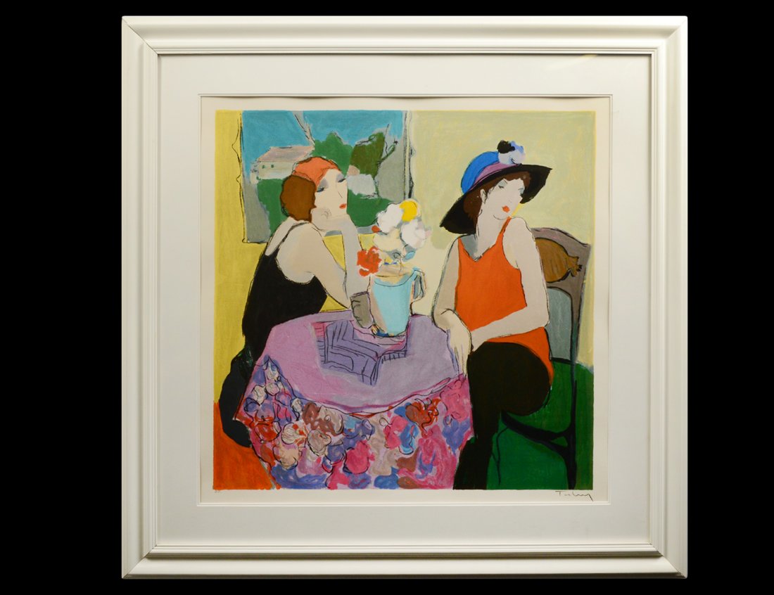 ITZCHAK TARKAY (Israeli. Born 1935): "Cafe Ladies". Signed in pencil l/r margin. Artist's Proof. Image measuring 26 1/2" by 26 1/2". Full margins. Framed behind Plexiglas. (200/300)