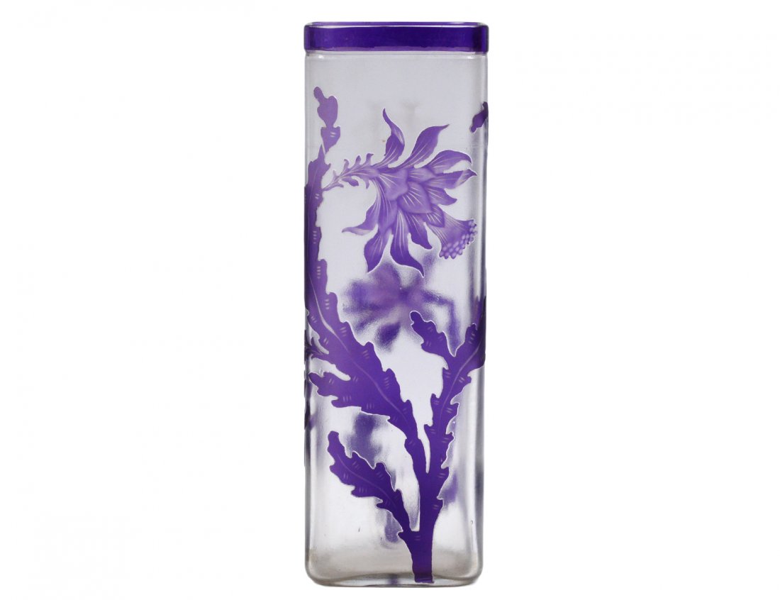 VAL ST. LAMBERT CAMEO GLASS VASE: Belgian. Acid stamped. Of square shape, etched with a monogram "H.M.R." Height 10 1/4". (300/400)