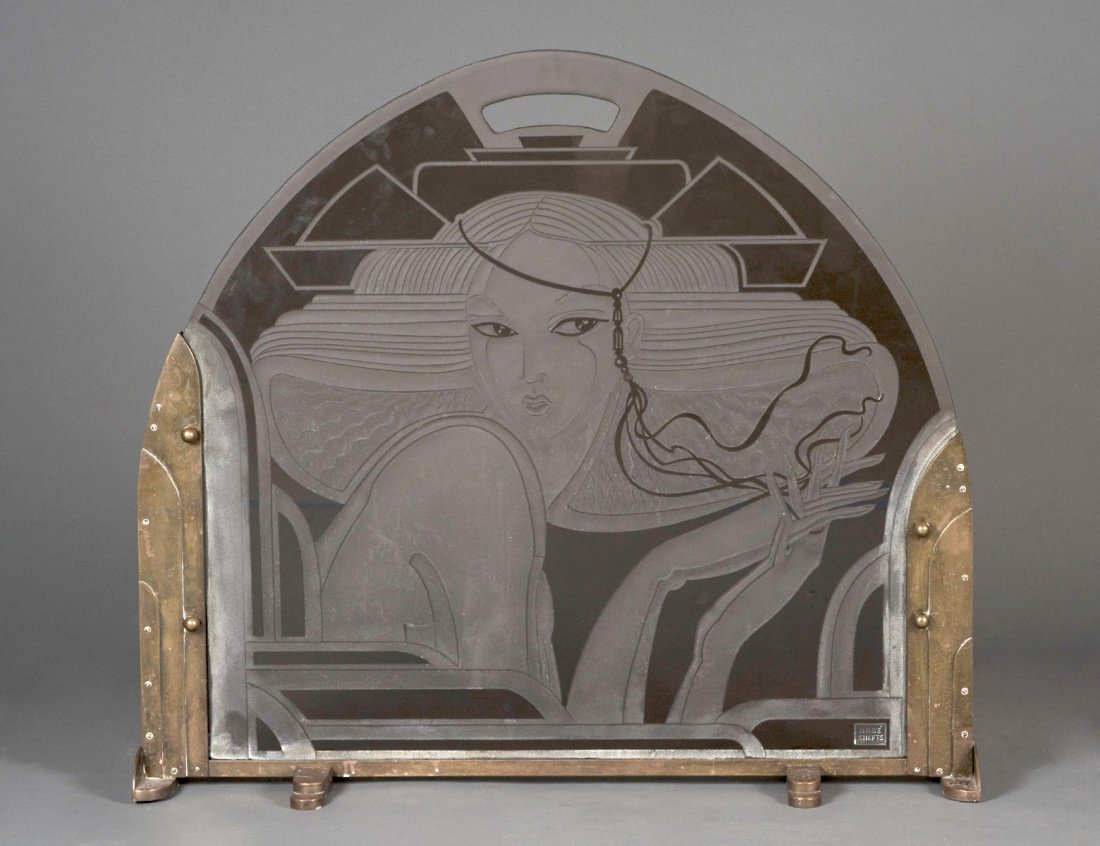 DENNIS ABBE GLASS AND BRONZE FIRE SCREEN: Signed Abbe Shefts. The art deco inspired screen etched with a female profile supported by the bronze frame. Measuring 33 7/8" by 38 1/4". (5000/6000)