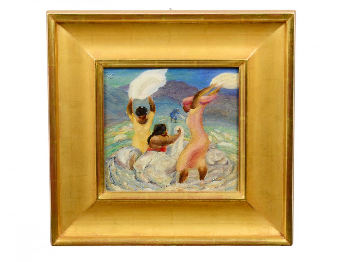 IVAN MESSENGER (American. 1895-1983): "Lavanderia Colombiana, Cali, 1936". Monogrammed "I.M." l/r. Oil on Board. Measuring 10" by 11". Gilded frame. (Cond: good) (1500/2000)