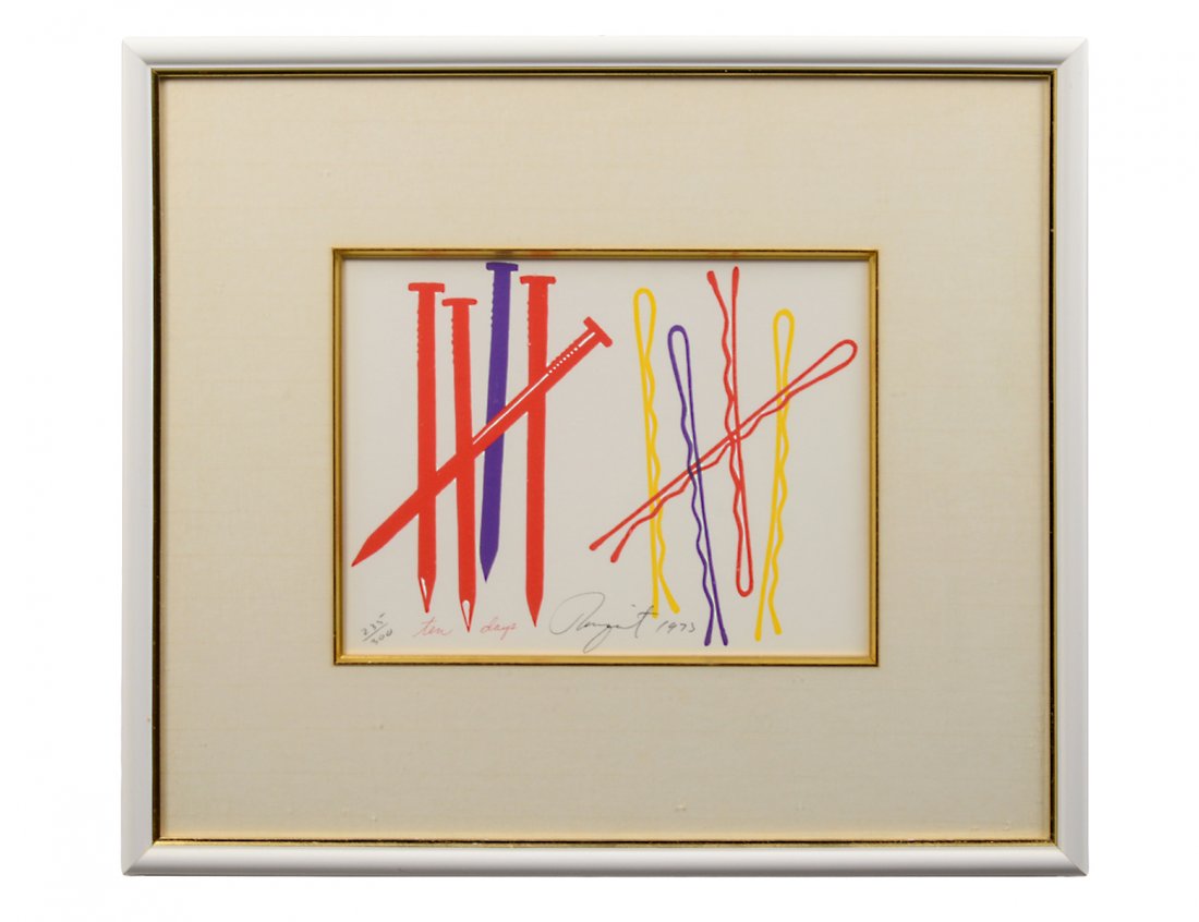 JAMES ROSENQUIST (American. Born 1953): "Ten Days". Signed and dated 1973 in pencil and numbered 235/300. Verso bears artist's copyright stamp. Color Screenprint on Paper. Sheet measuring 9" by 12". Printed at Styria Studio, published by Ex