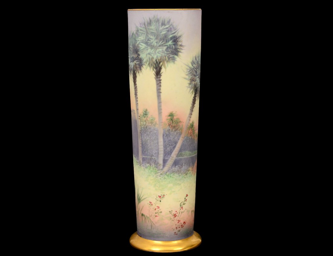 W. PICKARD PORCELAIN VASE: French. 20th Century. Painted by E. Challinor. Signed. Of cylindrical form. Height 11 7/8". (150/200)