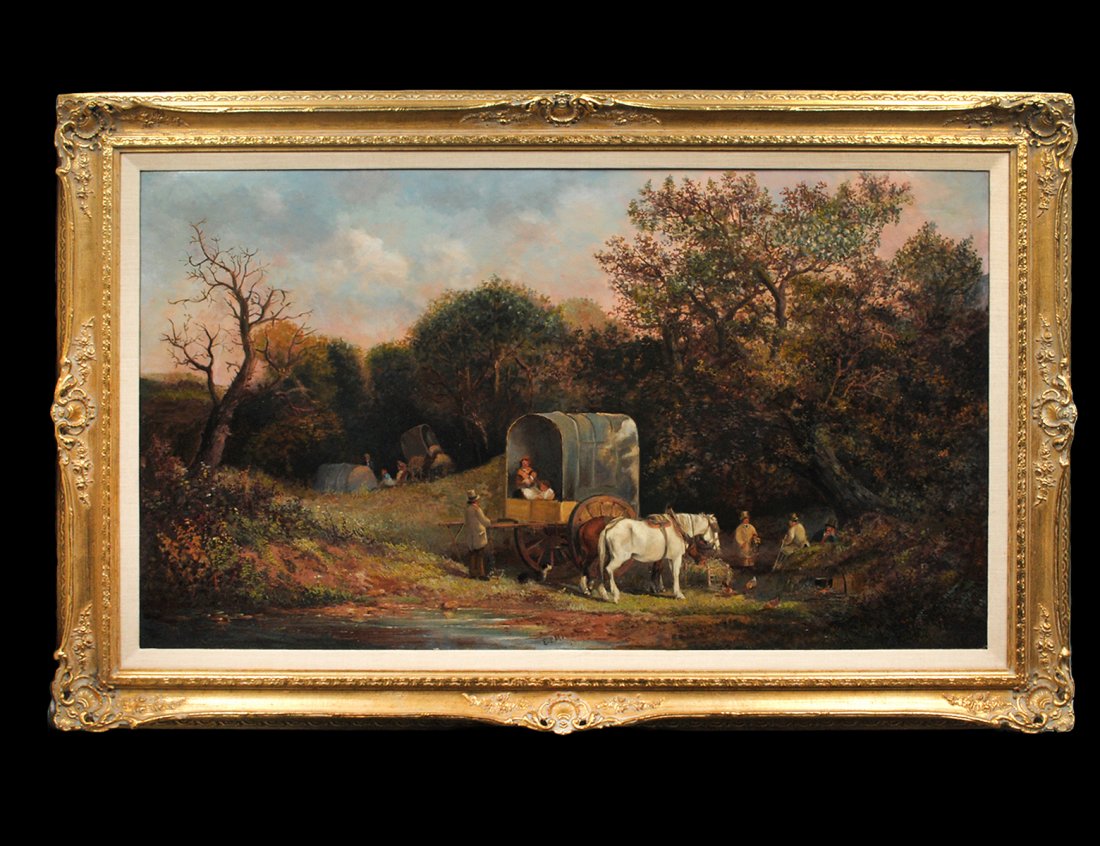 EDWIN LONG MEADOWS (English. Active 1857-1875): "Travelers Encampment". Signed "E.L. Meadows" and dated 1879 l/c. Oil on Canvas. Measuring 30" by 50". Gilded rococo style frame. (Cond: relined) (2500/3000)