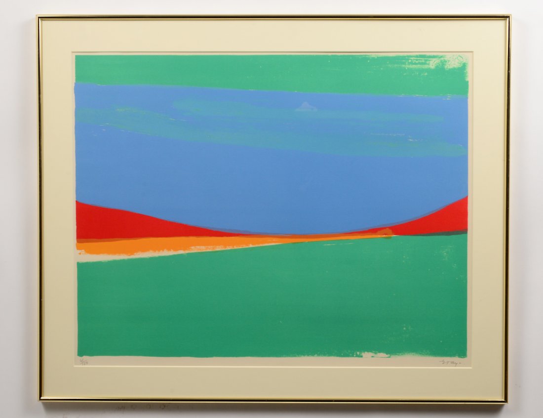 CLEVE GRAY (American. 1918-2004): "Horizon". Circa 1969. Signed "Gray" and numbered 61/100 in pencil in the lower margin. Color Lithograph. Image measuring 21" by 27 1/2". Metal frame behind glass. (Cond: good, has margins) (400/600)