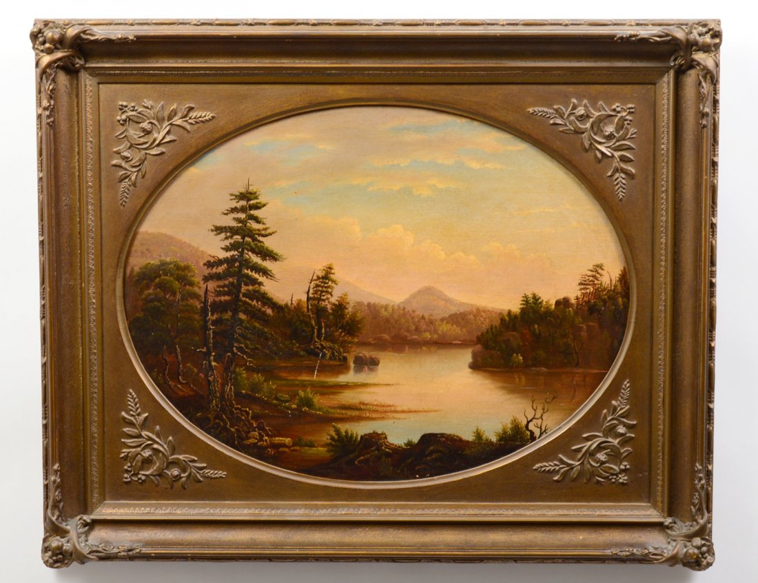 AMERICAN SCHOOL (19th Century): "Hudson River Landscape". Unsigned. Verso has Goupil & Co. stencil mark. Oil on Canvas. Oval measuring 18" by 24". (Cond: old varnish, scattered crazing, original canvas, will need cleaning) (500/700)