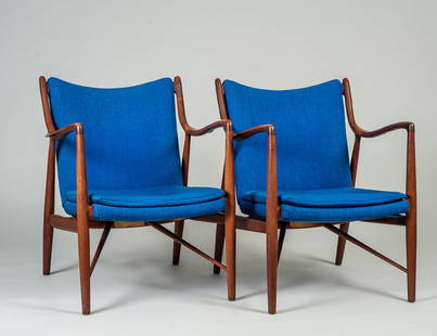 PAIR OF FINN JUHL MODEL 45 ARM CHAIRS: With teak frame. With paper label dated 2/23/76, purchased from Georg Jensen, N.Y. (1000/1500)