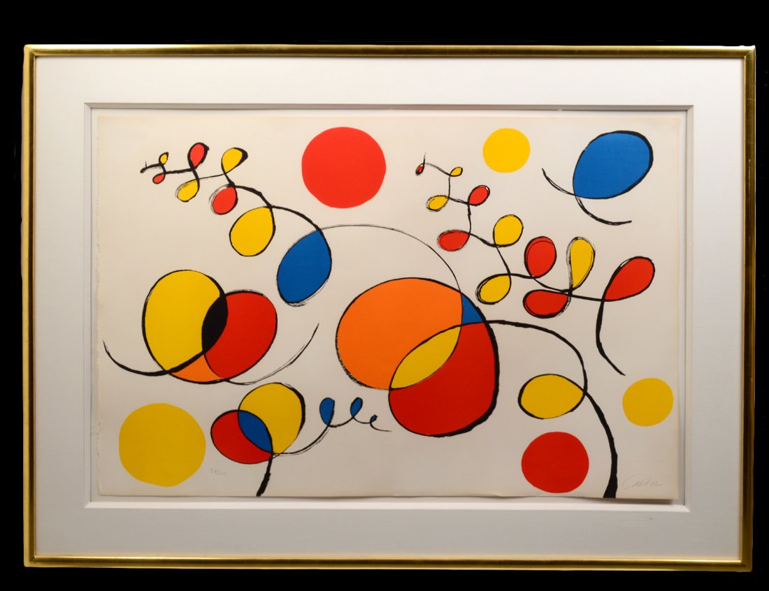 ALEXANDER CALDER (American. 1898-1976): "Curliques". Signed "Calder" in pencil l/r and numbered 37/150. Lithograph. Sheet measuring 29 1/2" by 43". Framed behind Plexiglas. (Cond: some toning, colors good) (800/1200)