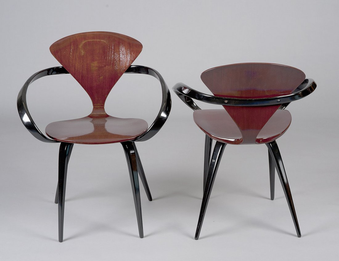 SET OF SIX NORMAN CHERNER "PRETZEL" CHAIRS: Mid-Century. Each with ebonized arms and legs. (2000/2500)