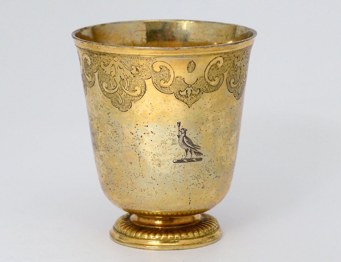 CONTINENTAL SILVER GILT BEAKER: French. Late 18th Century. Engraved with a scroll and lappet border. Height 3". (4 oz) (2000/2500)