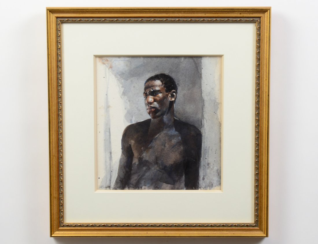 STEPHEN SCOTT YOUNG (American. Born 1957): "Study for Quenton". Signed u/l in ink and inscribed "Quenton Study 198?" l/l. Watercolor on Paper. Measuring 11 3/4" by 11". Framed behind glass. (Cond: good) (10000/15000) Provenance: John H. Surove