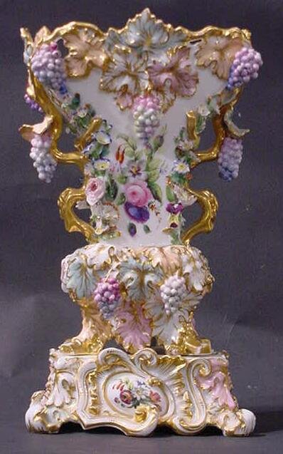 19C Jacob Petite Old Paris Vase: 19th Century Jacob Petite Old Paris Hand Painted and Gilded Porcelain Vase With High Relief Grapes and Floral Decoration Mounted on Matching Base. Usual Losses. Signed JP Underglaze. Measures 11-3/4 I