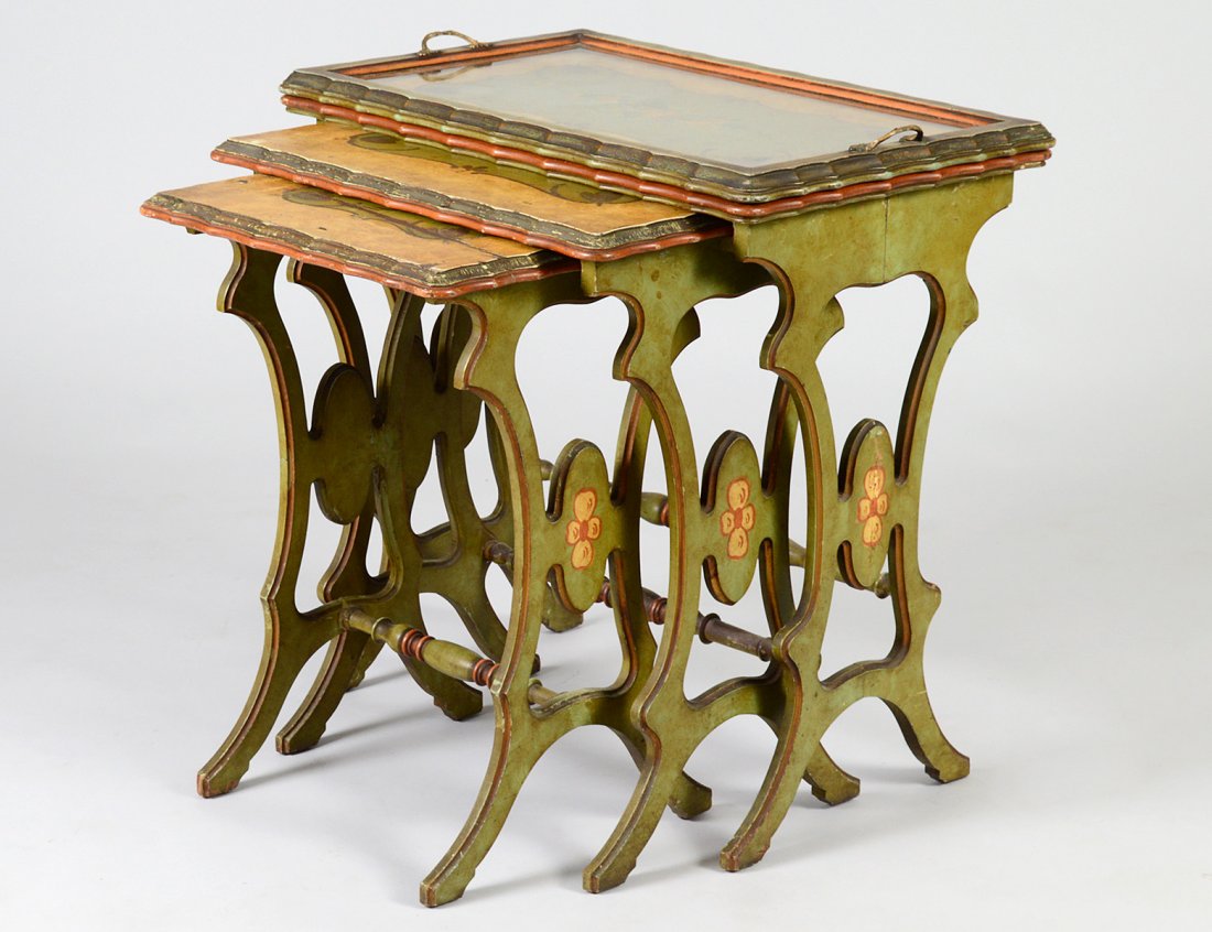NEST OF THREE HAND PAINTED TABLES: With butler's tray. Height of tallest 25". (100/500)