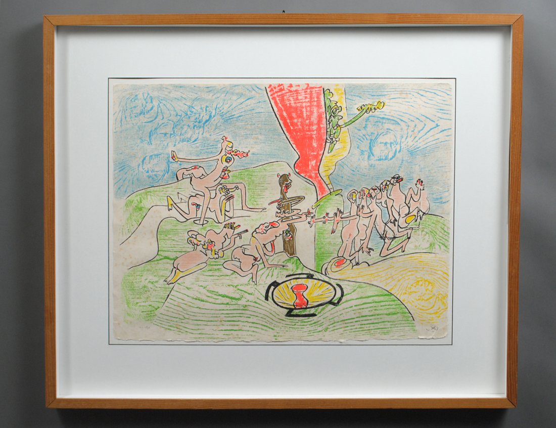 ROBERTO MATTA (Chilean. 1911-2005): "Or Dur or Aison (The Golden Bull)". Signed in pencil l/r image, Hors Commerce 15/25. Color Lithograph on Arches. Sheet measuring 19 1/2" by 26". Wood frame. (Cond: scattered foxing, will need repair)